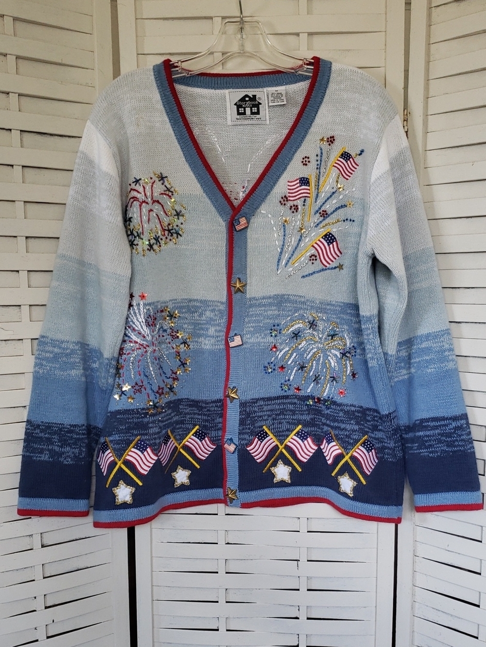 StoryBook Knits Light Blue Patriotic Embroidered Beaded Cardigan Sweater Size M